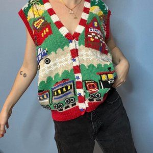 VINTAGE 80s / 90s BELLA POINTE BRAND SCHOOL AND TRAIN NATURE SCENE KNIT SWEATERV